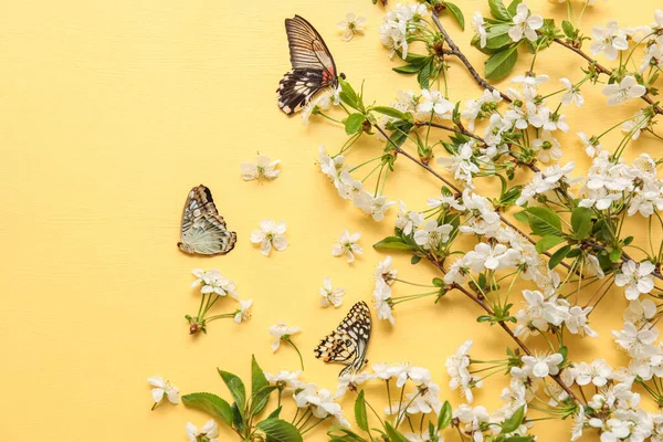 Blooming Spring Branches Butterflies Yellow Background — Stock Photo, Image