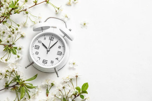 Blooming Spring Branches Alarm Clock White Background — Stockfoto
