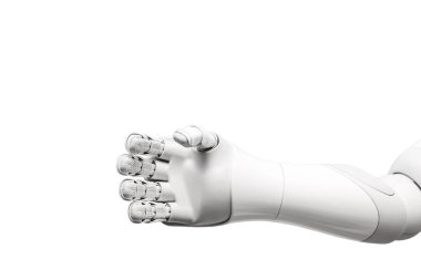 Hand of futuristic humanoid robot on white background