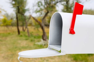 Sonbahar parkında beyaz posta kutusunu aç