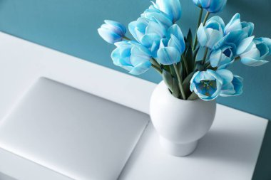 Mavi laleli vazo ve dizüstü bilgisayarı renkli duvarın yanındaki masada, yakın plan.