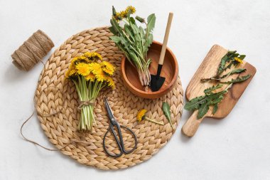 Karahindiba, kase, halat, makas ve beyaz arka planda kürekle hasır.