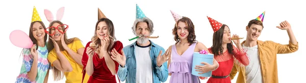 Many People Party Hats Isolated White — Stock Photo, Image