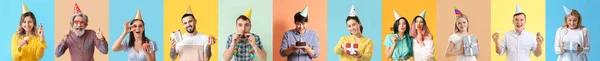 Many People Party Hats Colorful Background — Stock fotografie