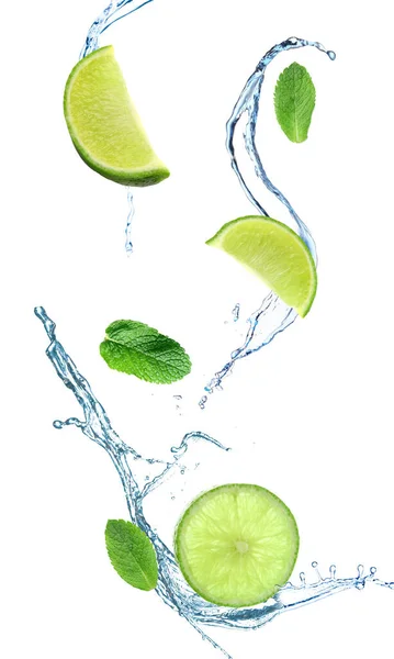 Cut Lime Mint Leaves Splash Water Isolated White — стоковое фото