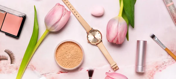 Decorative Cosmetics Wrist Watch Tulips Light Color Background — Stock Photo, Image