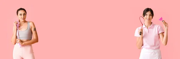 身材矮小的年轻女子 羽毛球运动员 粉色背景 有文字空间 — 图库照片