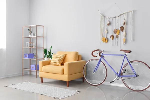 Stylish Interior Bicycle Yellow Armchair Shelf Unit — Stock Photo, Image