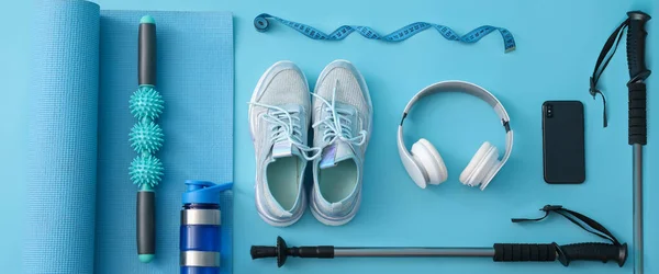 Set Sport Equipment Blue Background Flat Lay — Stock Photo, Image