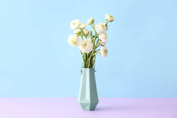 Vase Bouquet Beautiful Ranunculus Flowers Color Background — Foto de Stock