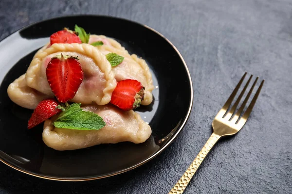 Plate Delicious Strawberry Dumplings Dark Background Closeup — Stock Photo, Image