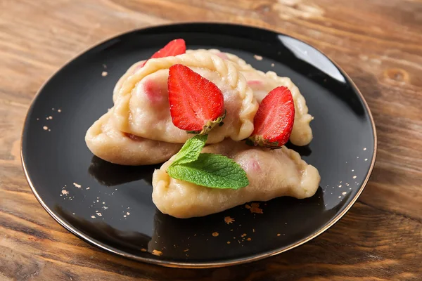 Plate Sweet Strawberry Dumplings Wooden Background Closeup — Stock Photo, Image