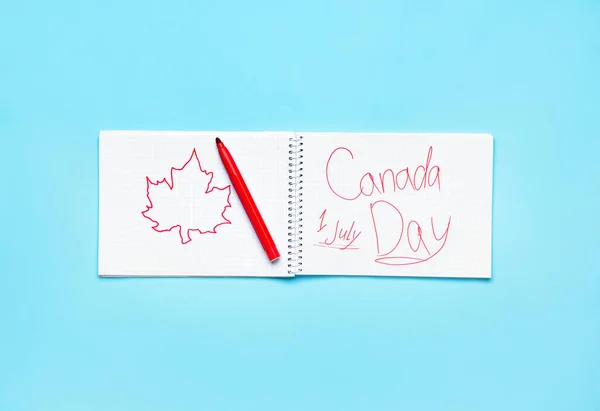 Felt Tip Pen Opened Notebook Maple Leaf Drawing Text July — Stock Photo, Image