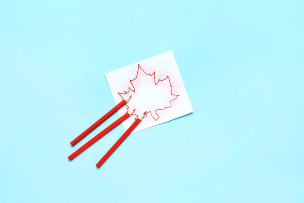 Red Pencils Paper Maple Leaf Drawing Color Background Happy Canada — Stock Photo, Image