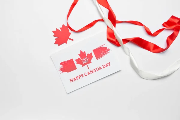 Ribbons Maple Leaf Paper Card Text Happy Canada Day White —  Fotos de Stock