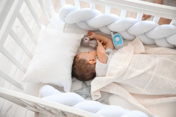 Cute Little Child Toy Baby Monitor Sleeping Crib — Stock Photo, Image