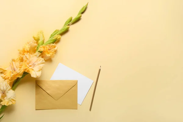 Beautiful Gladiolus Flowers Envelope Card Pencil Color Background — Stok fotoğraf