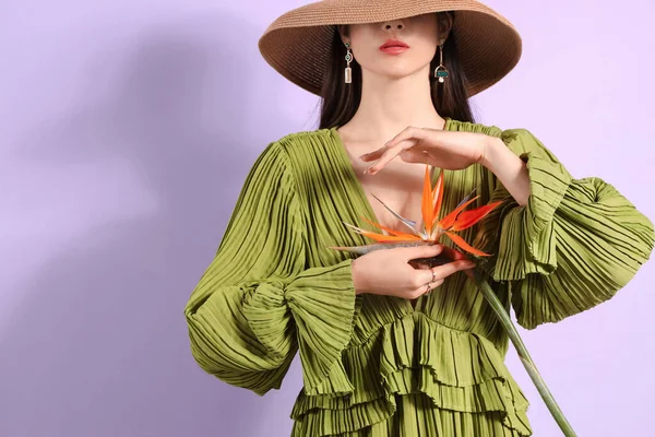Beautiful Young Woman Strelitzia Flower Color Background — Fotografia de Stock