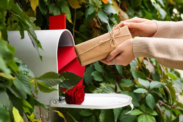 Woman Getting Gift Mail Box Outdoors — Stock Photo, Image