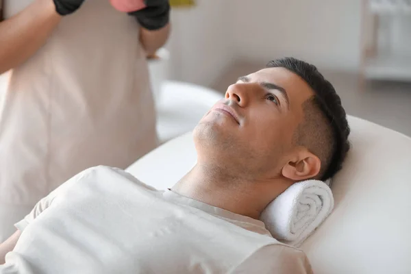 Handsome Man Waiting Applying Facial Mask Cosmetologist Salon Closeup — Stock Photo, Image