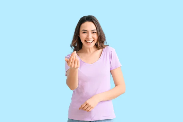 Young Woman Showing Come Here Gesture Color Background — Stock Photo, Image