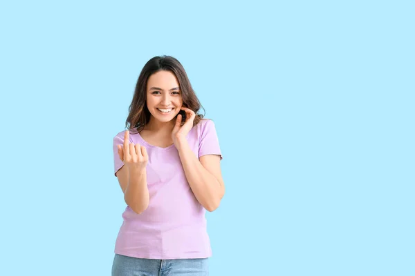 Young Woman Showing Come Here Gesture Color Background — Stock Fotó