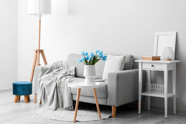 Interior Light Living Room Sofa Blue Tulips Vase — Stock Photo, Image
