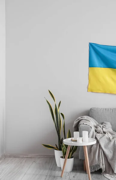 Interior Light Living Room Hanging Ukrainian Flag Sofa Table — Stock Photo, Image