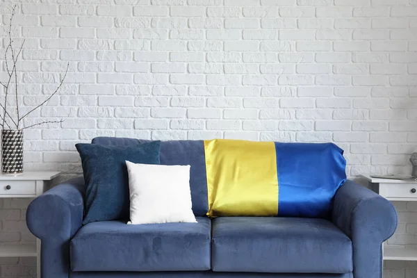 Blue Sofa Flag Ukraine Tables White Brick Wall — Stock Photo, Image