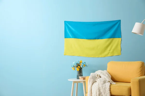Interior Stylish Living Room Hanging Ukrainian Flag Armchair Table — Stock Photo, Image