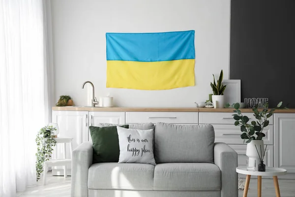 Interior Light Kitchen Hanging Ukrainian Flag Counters Sofa — Stock Photo, Image