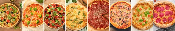 Set Delicious Hot Pizzas Top View — 스톡 사진