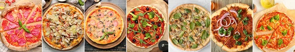Set Delicious Hot Pizzas Top View — Stok fotoğraf