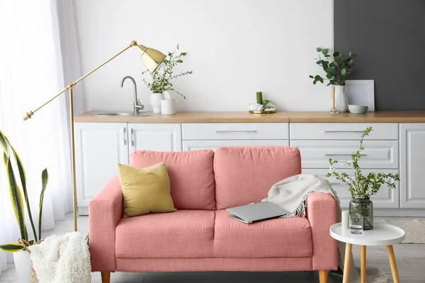工作室公寓内部的粉色沙发 灯和桌子 — 图库照片