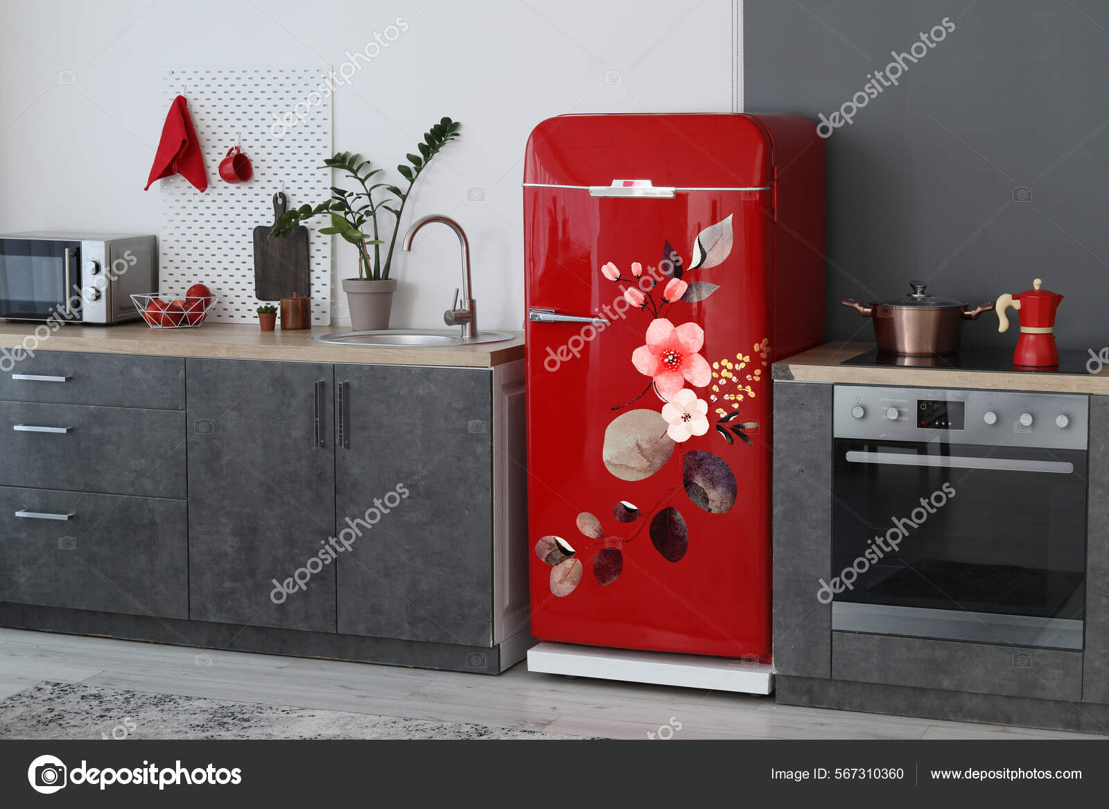 Red Refrigerator Print Leaves Flowers Interior Modern Kitchen