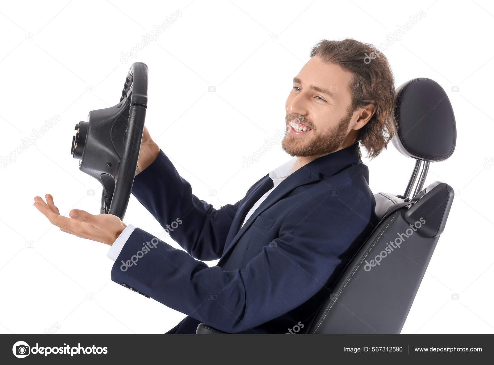 Young Businessman Car Seat Steering Wheel White Background Stock Photo