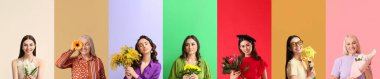 Set of pretty women with beautiful flowers on colorful background