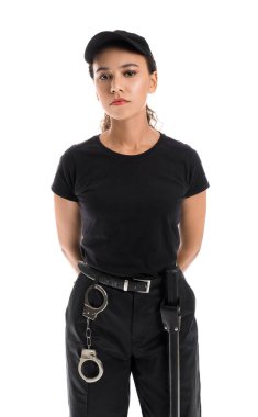 Beyaz arka planda Afro-Amerikalı kadın güvenlik görevlisi