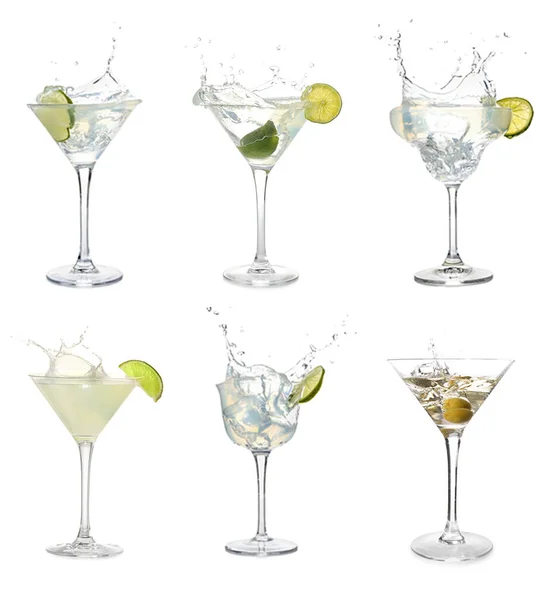 Set Sabrosos Cócteles Martini Con Salpicaduras Aisladas Blanco —  Fotos de Stock