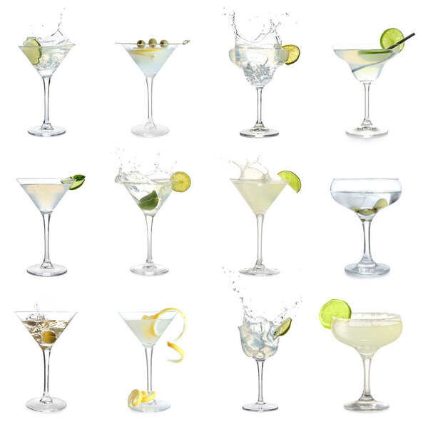 Set of tasty martini cocktails with splashes isolated on white