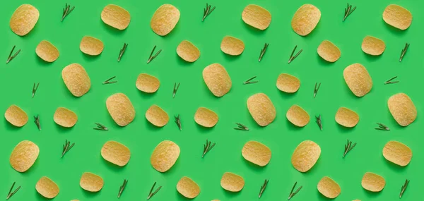 Tasty Potato Chips Herbs Green Background Texture Design — стоковое фото