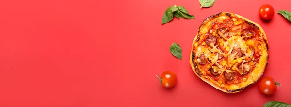 Delicious Mini Pizza Red Background Space Text — Stock Photo, Image