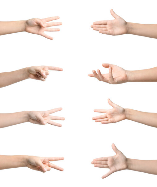 Set of many children's hands showing different gestures on white background