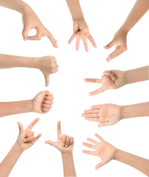 Conjunto Mãos Muitas Crianças Mostrando Gestos Diferentes Fundo Branco — Fotografia de Stock