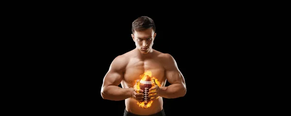 Muscular Man Burning Rugby Ball Dark Background — Stock Photo, Image