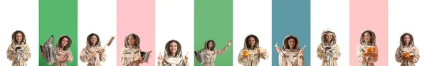 Set Female Beekeepers Protective Suits Colorful Background — Stock fotografie