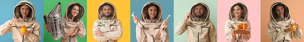 Set Beekeepers Protective Suits Colorful Background — 스톡 사진