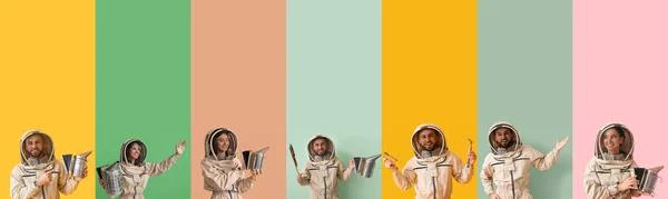 Set Beekeepers Protective Suits Colorful Background — Stok fotoğraf