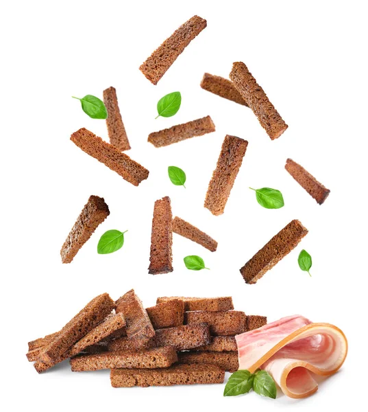 Falling Rye Croutons Basil Leaves Bacon White Background — Photo