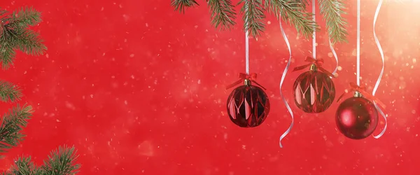 Beautiful Christmas Balls Hanging Coniferous Branch Red Background — Stock fotografie